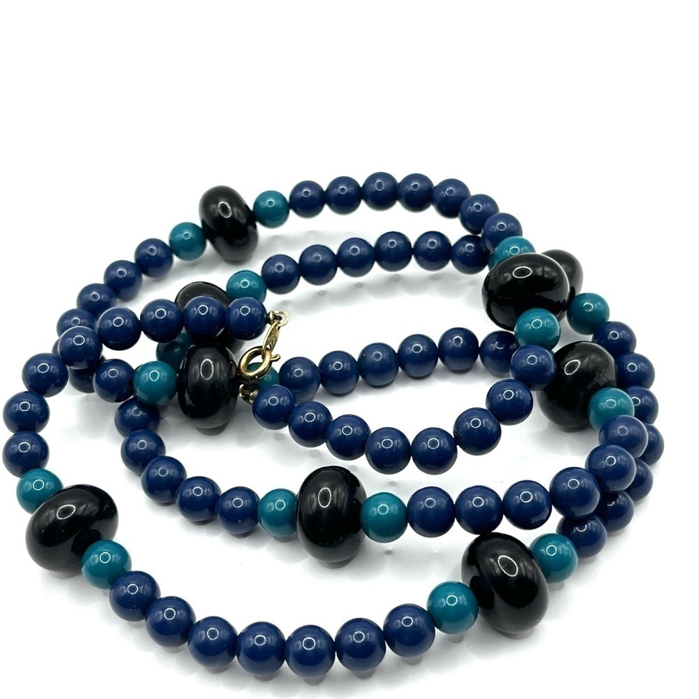 Trifari Beaded Necklace 30” Length Blue Black and Turquoise Blue Beaded Necklace